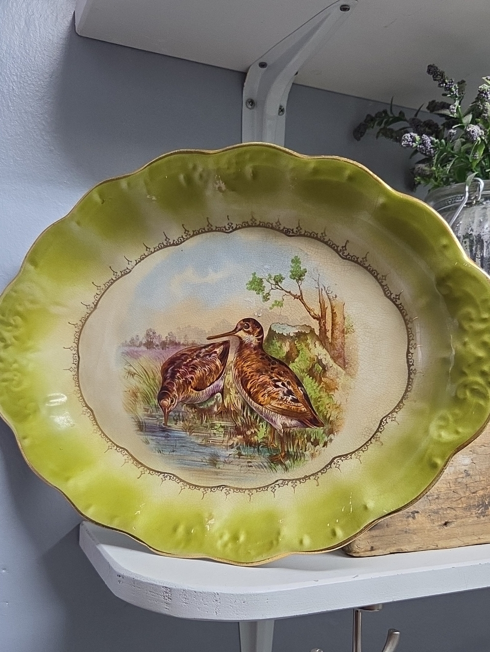 Vintage La Francaise Porcelain  Platter with Bird Scene - Green